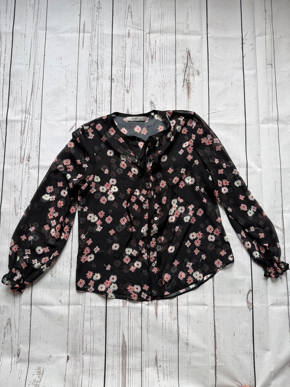 MARELLA Black Tie-Neck Blouse with Pink & White Floral Print
